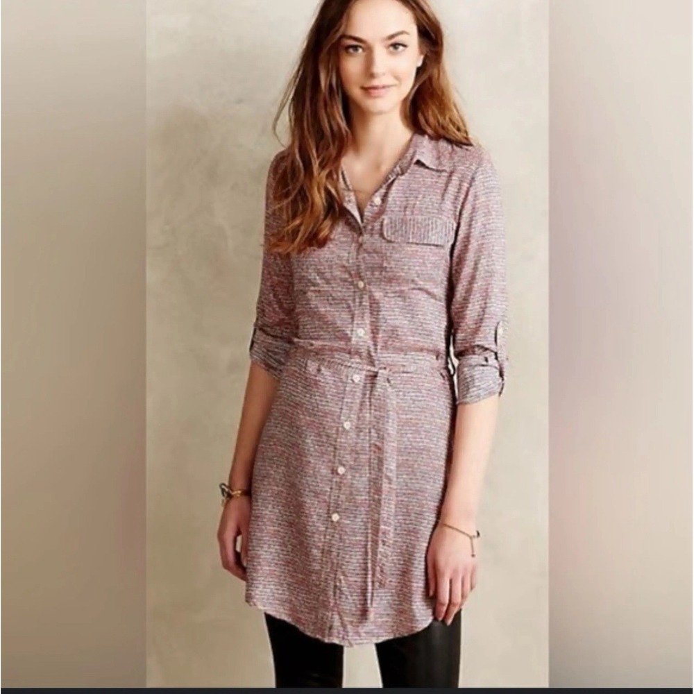 Anthropology Long Aleeve‎ Shirt Dress Red And Blue With Belt Size Small
